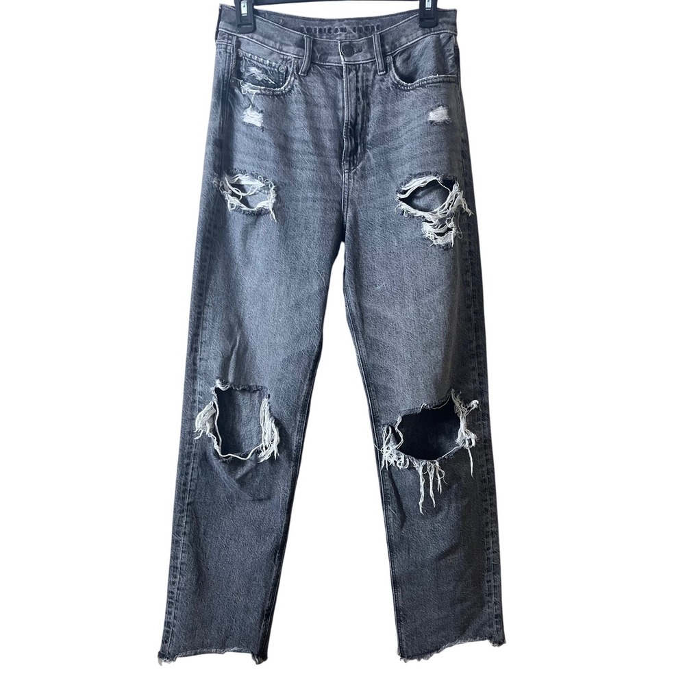 American Eagle Grey Distressed 90s Boyfriend Jeans Size 6 Long Grunge Y2K Edgy‎
